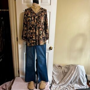 Belle Boho Kim Gravel Floral Paisley Tie Neck Stretch Tunic Top Artsy Casual S